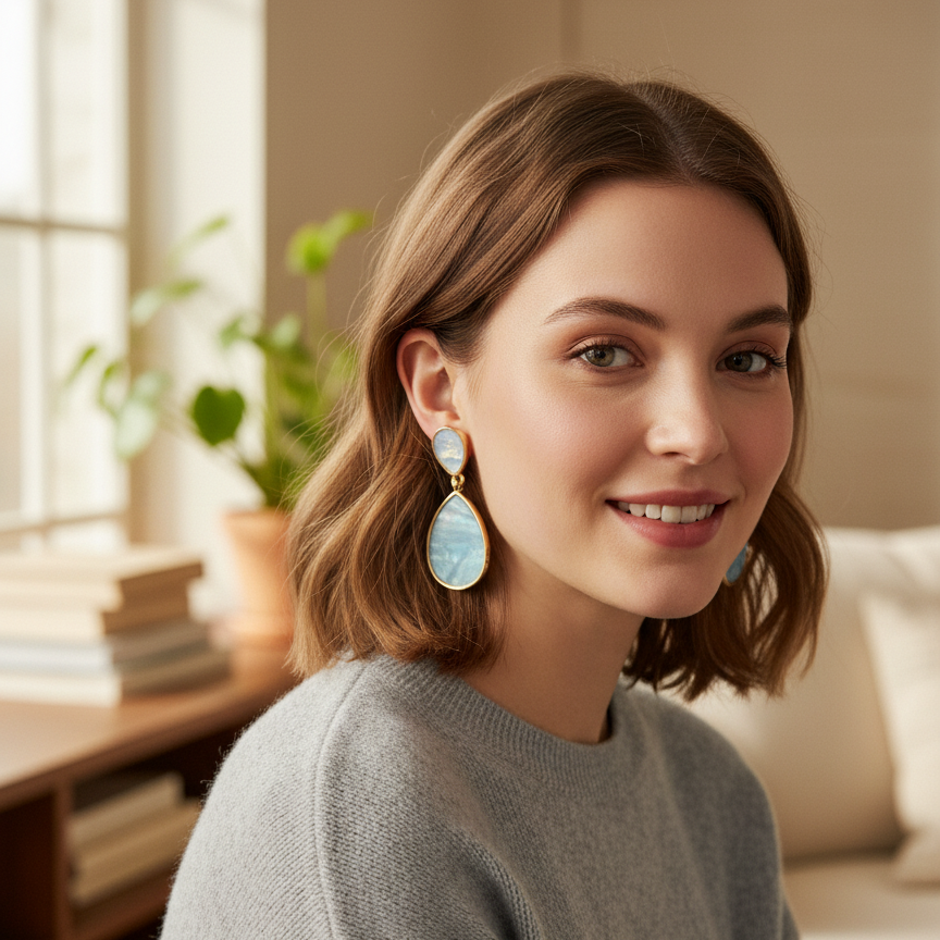 Woman wearing earrings in a cozy indoor setting