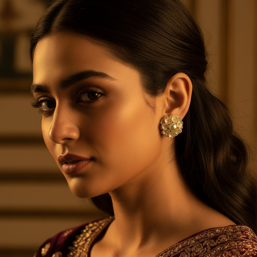 Woman wearing a maroon saree with gold details and diamond earrings, with 'Mosa Jewellery' branding.