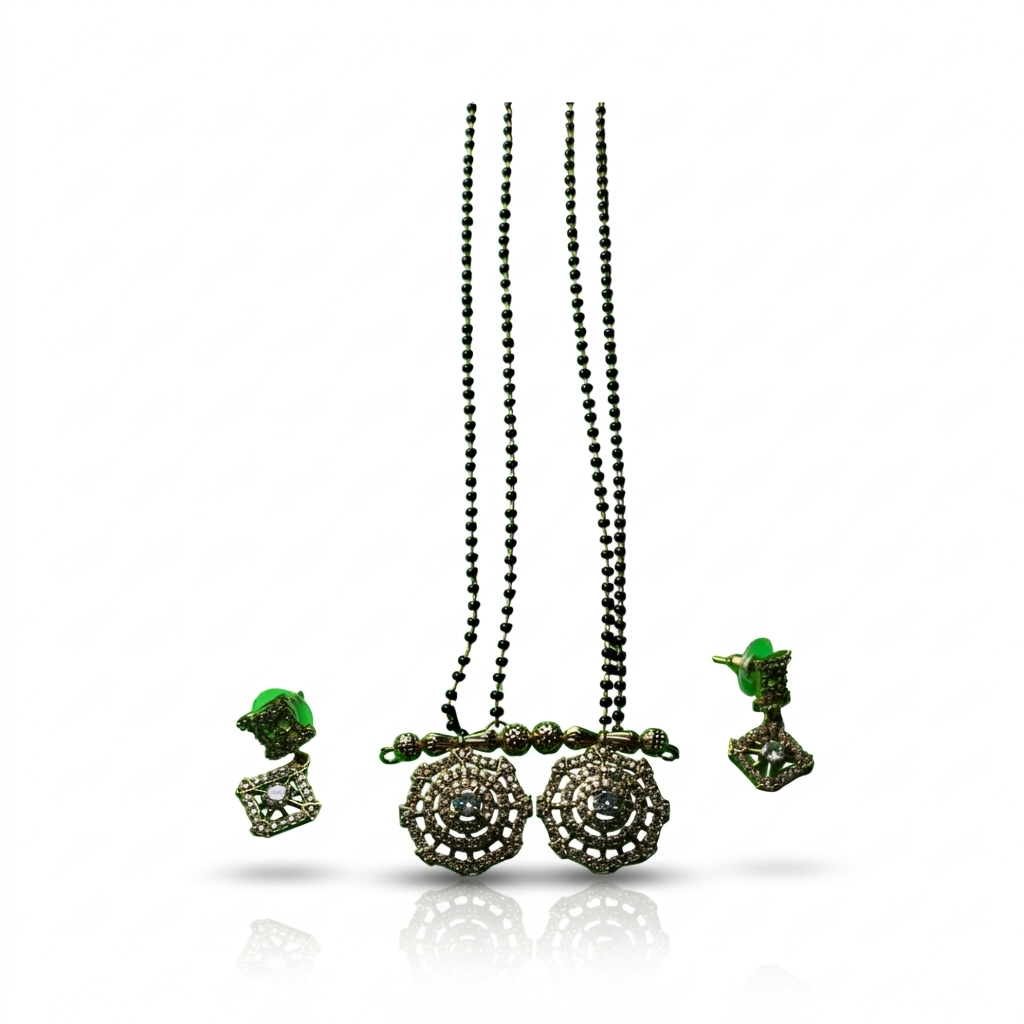 Floral Crystal Mangalsutra Necklace Set with Green Accents & Matching Earrings | Gold Plated Black Bead Traditional Mangalsutra for Women