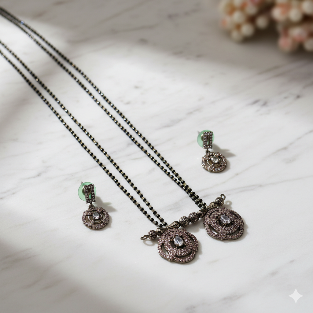 Rose Gold Crystal Mangalsutra Necklace Set with Double Pendant & Matching Earrings |  for Women