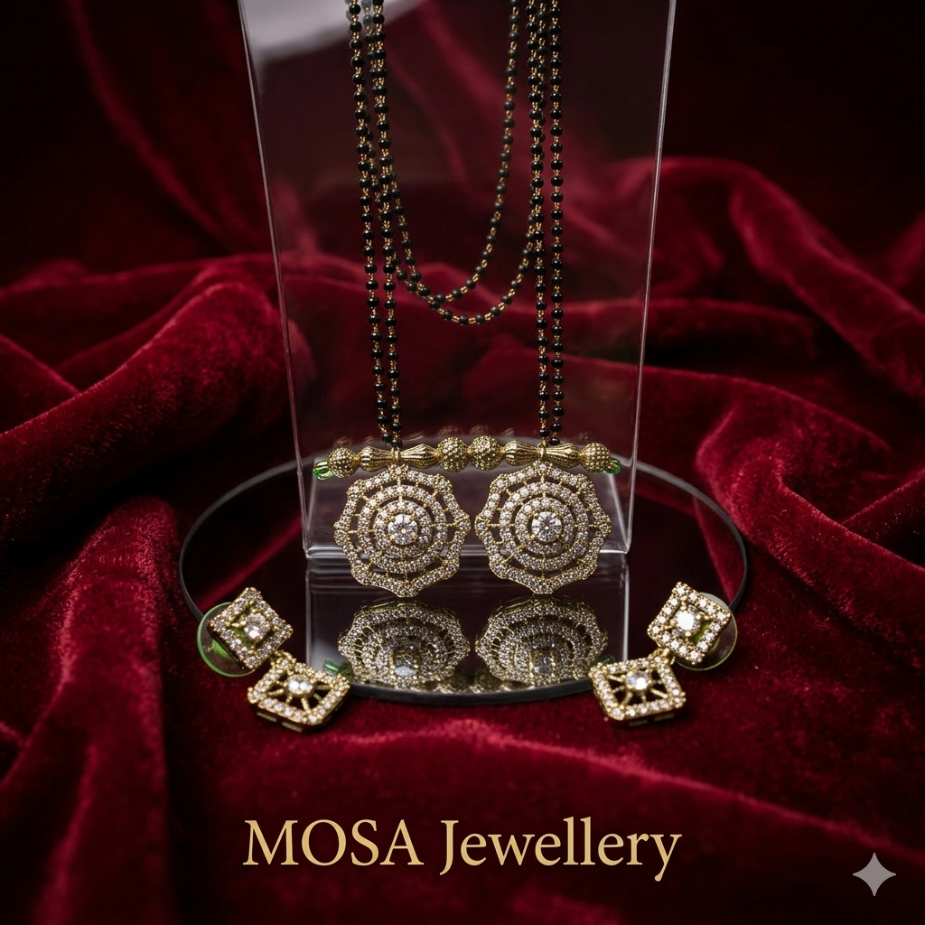 Floral Crystal Mangalsutra Necklace Set with Green Accents & Matching Earrings | Gold Plated Black Bead Traditional Mangalsutra for Women