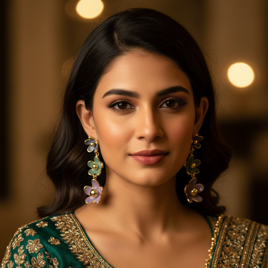 Woman wearing green and gold traditional outfit with floral earrings, Mosa Jewellery logo.