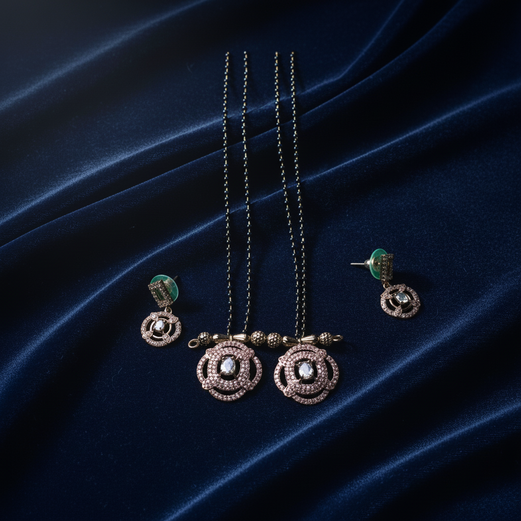 Rose Gold Crystal Mangalsutra Necklace Set with Double Pendant & Matching Earrings |  for Women