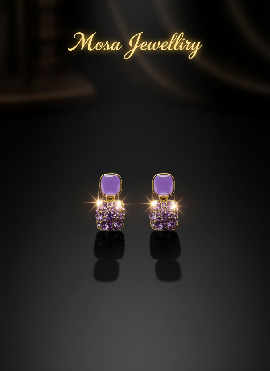 Purple Crystal Square Drop Earrings – Elegant Designer Fashion Jewelry for Women