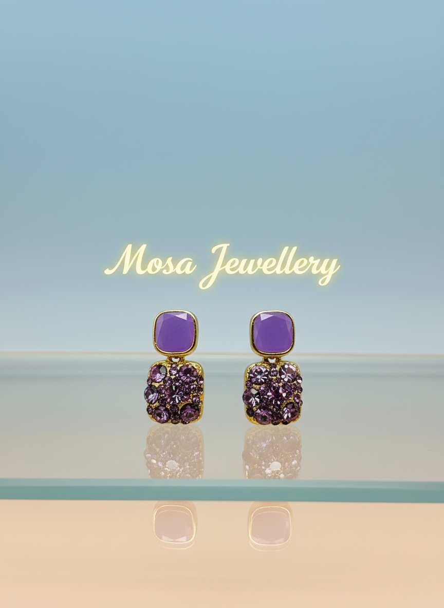Purple Crystal Square Drop Earrings – Elegant Designer Fashion Jewelry for Women