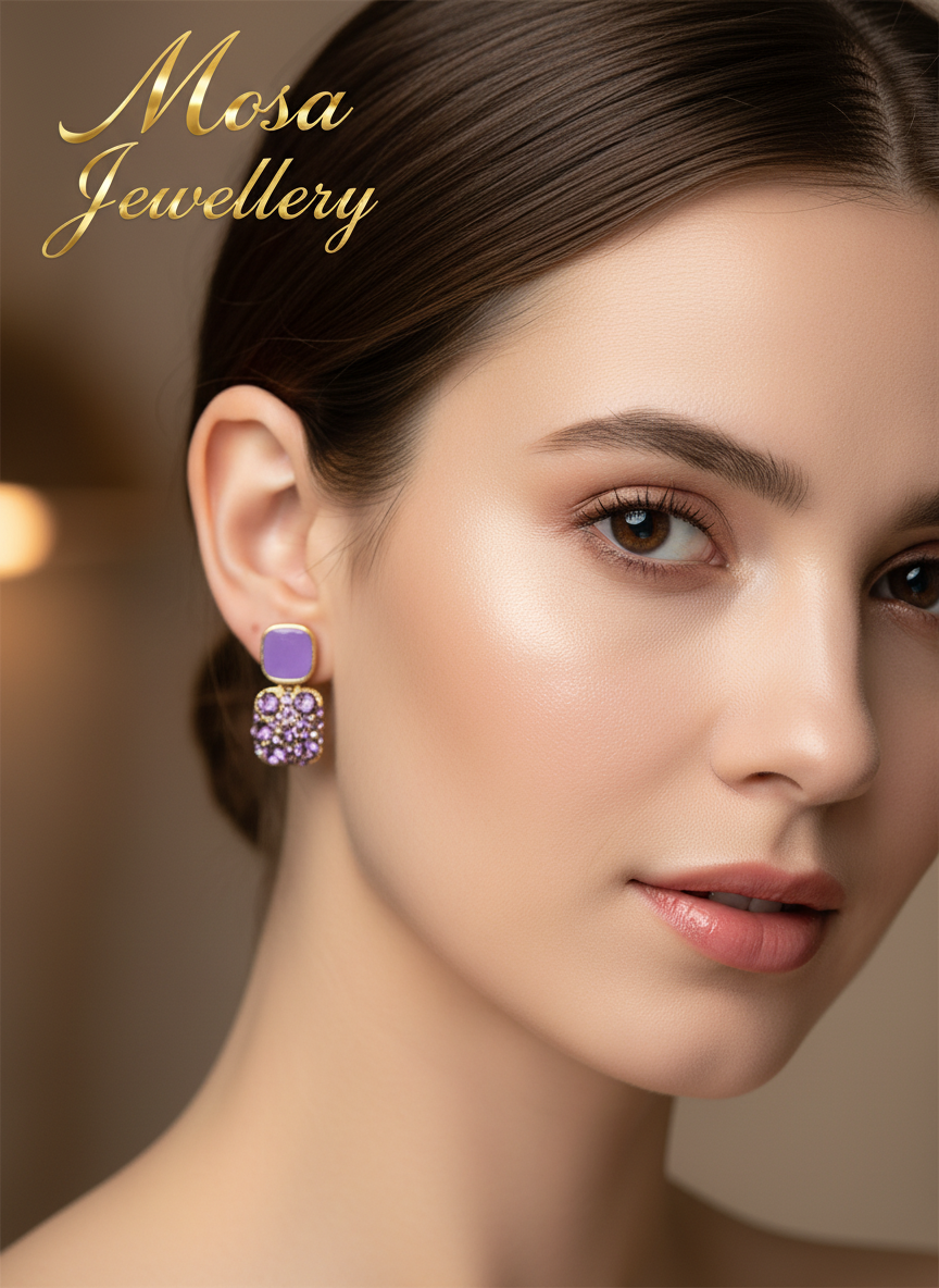 Purple Crystal Square Drop Earrings – Elegant Designer Fashion Jewelry for Women