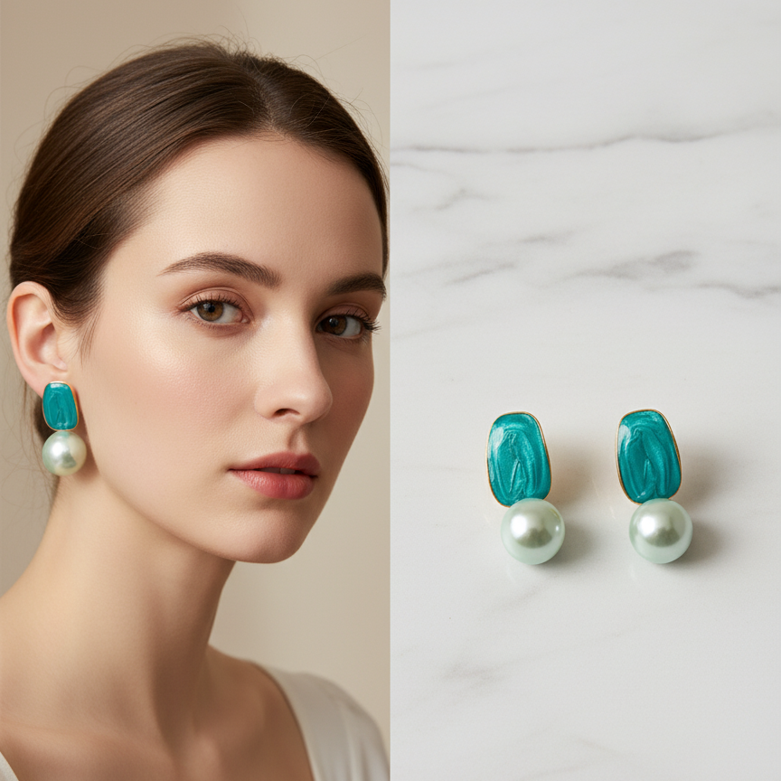 Teal and pearl earrings on a model and displayed on a marble surface with 'Mosa Jewelry' branding.