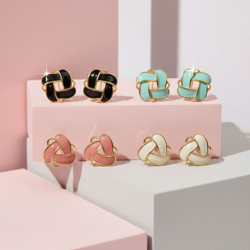 Set of earrings displayed on a pink and white geometric background