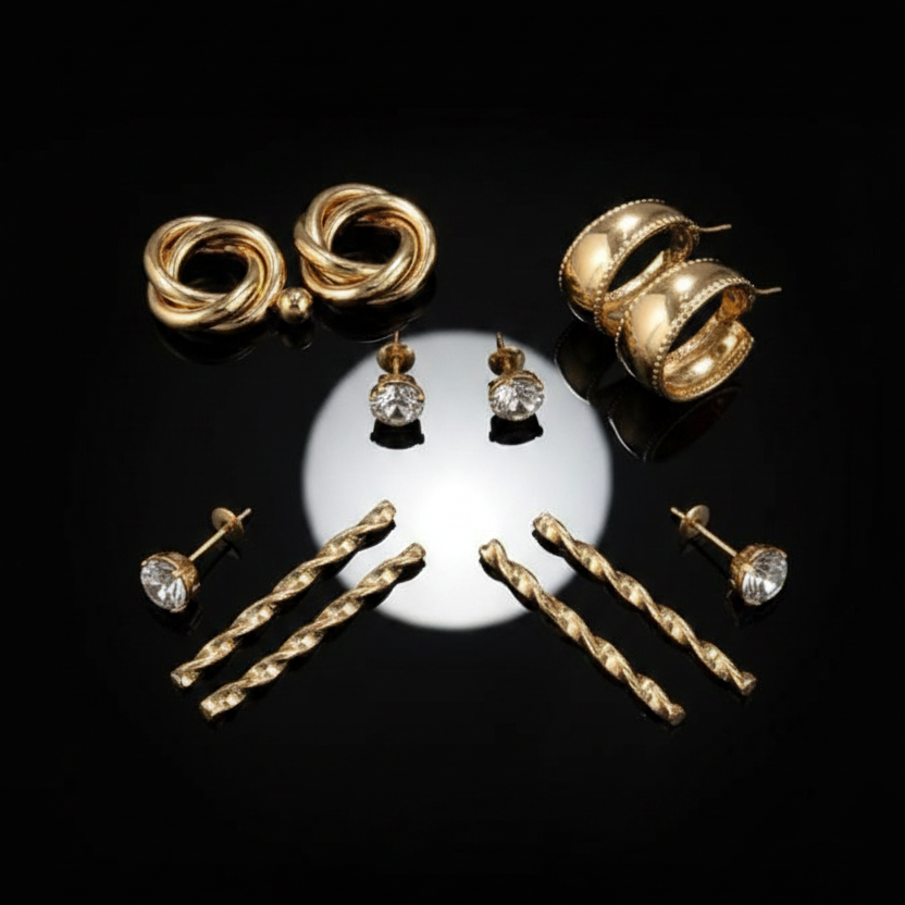 Gold jewelry set including earrings and hairpins on a black background
