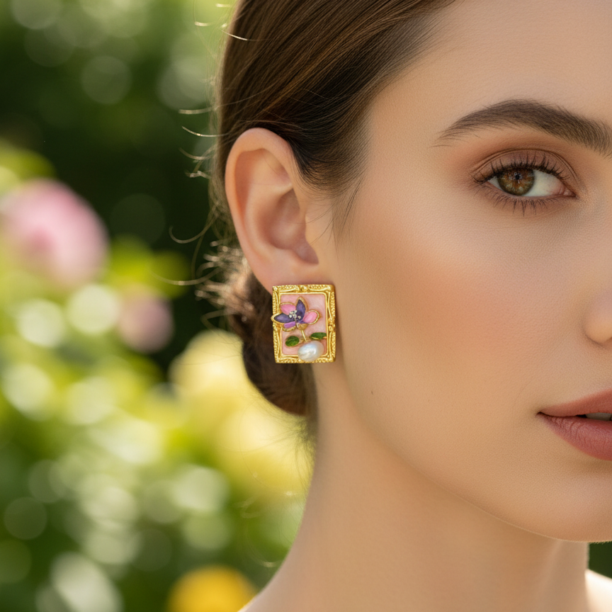 Close-up of a woman wearing a gold earring with floral design outdoors.