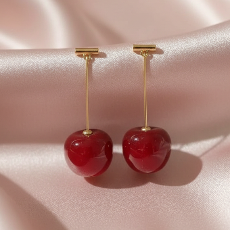 Cherry-shaped earrings on a pink satin background
