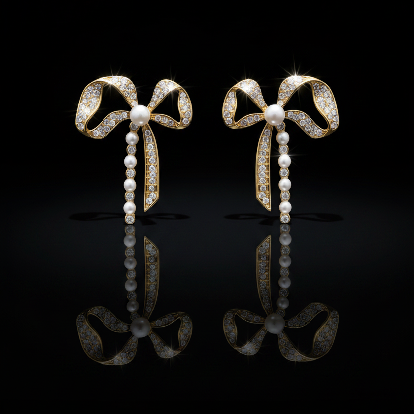 Pair of bow-shaped earrings with pearl details on a black background