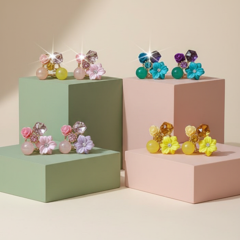 Colorful earrings on geometric podiums against a beige background